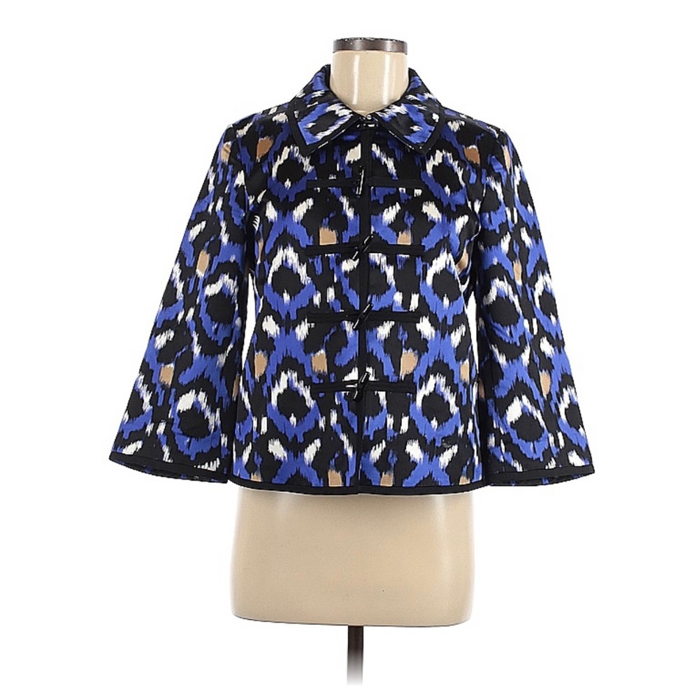 DONCASTER Toggle Button Up Blazer Jacket Top Blue Printed Silk Blend.